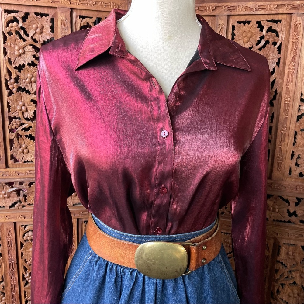 Vintage 90s woven shiny red metallic Button-Front rodeo retro western Blouse top